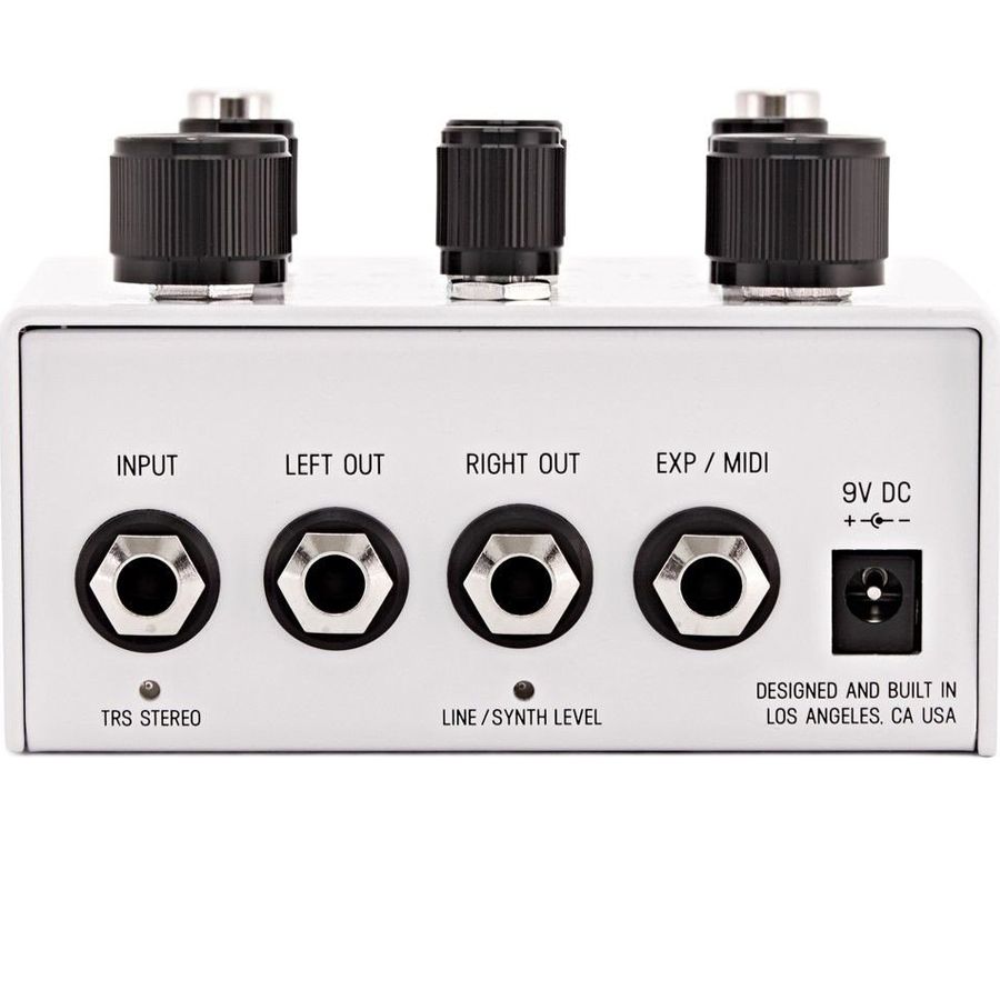 Meris Polymoon delay pedal rear panel showing input, stereo outputs, and expression/MIDI jack