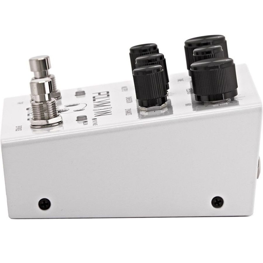 Meris Polymoon delay pedal side profile view highlighting the top-mounted jacks and knobs