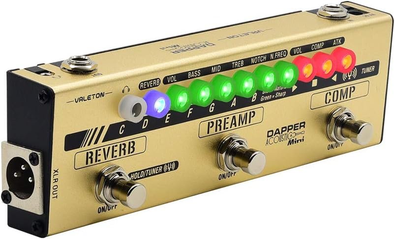 Valeton Dapper Acoustic Mini effects strip, angled top view with REVERB, PREAMP, COMP sections