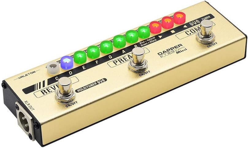 Valeton Dapper Acoustic Mini angled view showing XLR input end and lit indicators