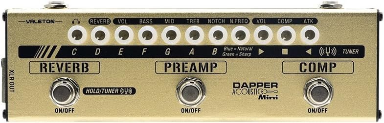 Valeton Dapper Acoustic Mini control panel with labeled EQ and tuner knobs