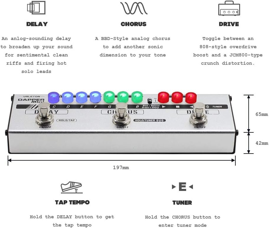 Diagram showing Valeton Dapper Mini Delay, Chorus and Drive module functions with pedal dimensions