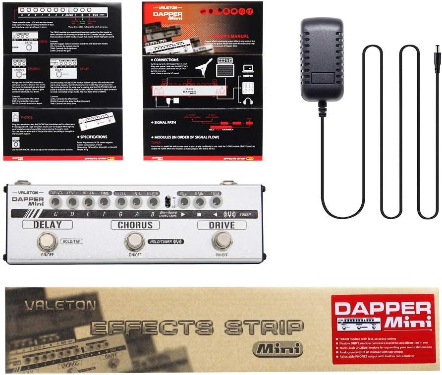 Valeton Dapper Mini package contents: printed manual, 9V power adapter and retail box