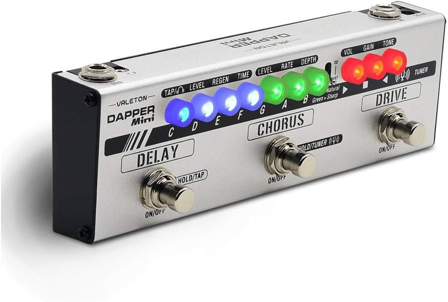 Valeton Dapper Mini silver multi-effects pedal, angled view with Delay, Chorus, Drive sections