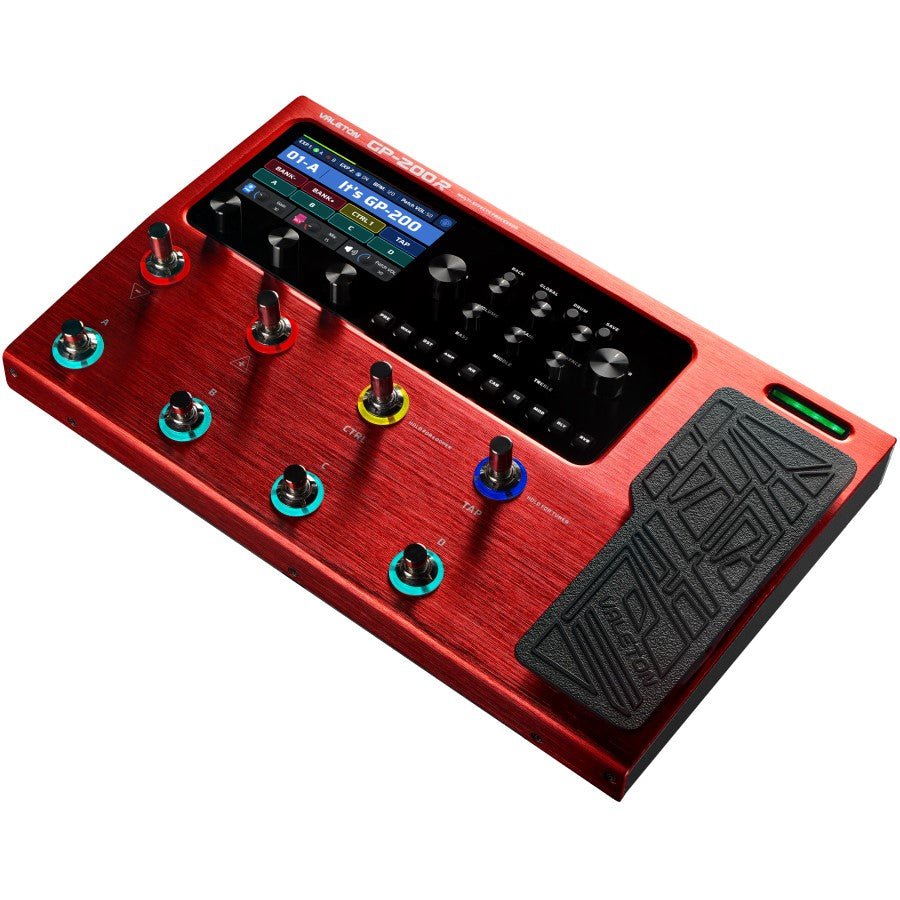 Angled three-quarter view of the red GP-200R with display lit and footswitches illuminated in blue, yellow and teal