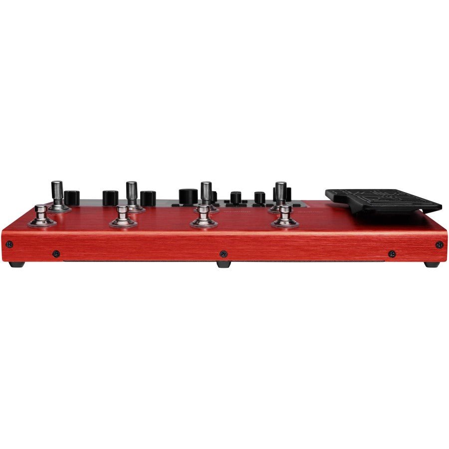 Side view of the red GP-200R showing the control knob row and expression pedal in resting position