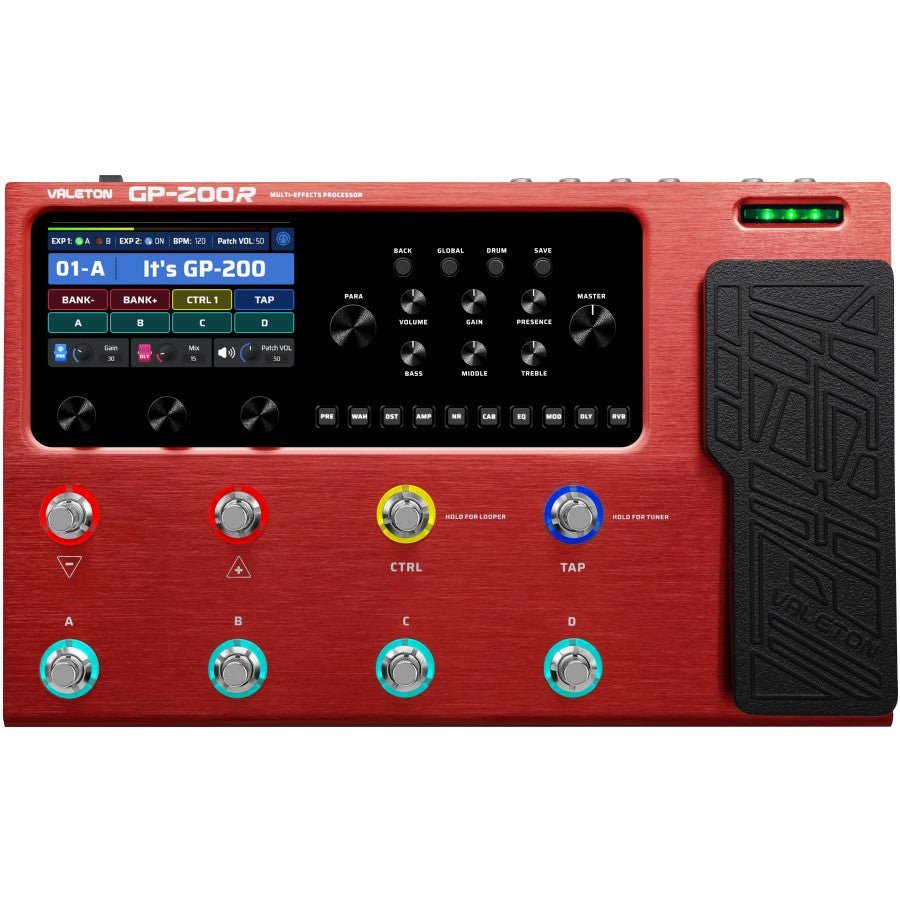 Valeton GP-200R red processor top view with lit display showing patch 01-A