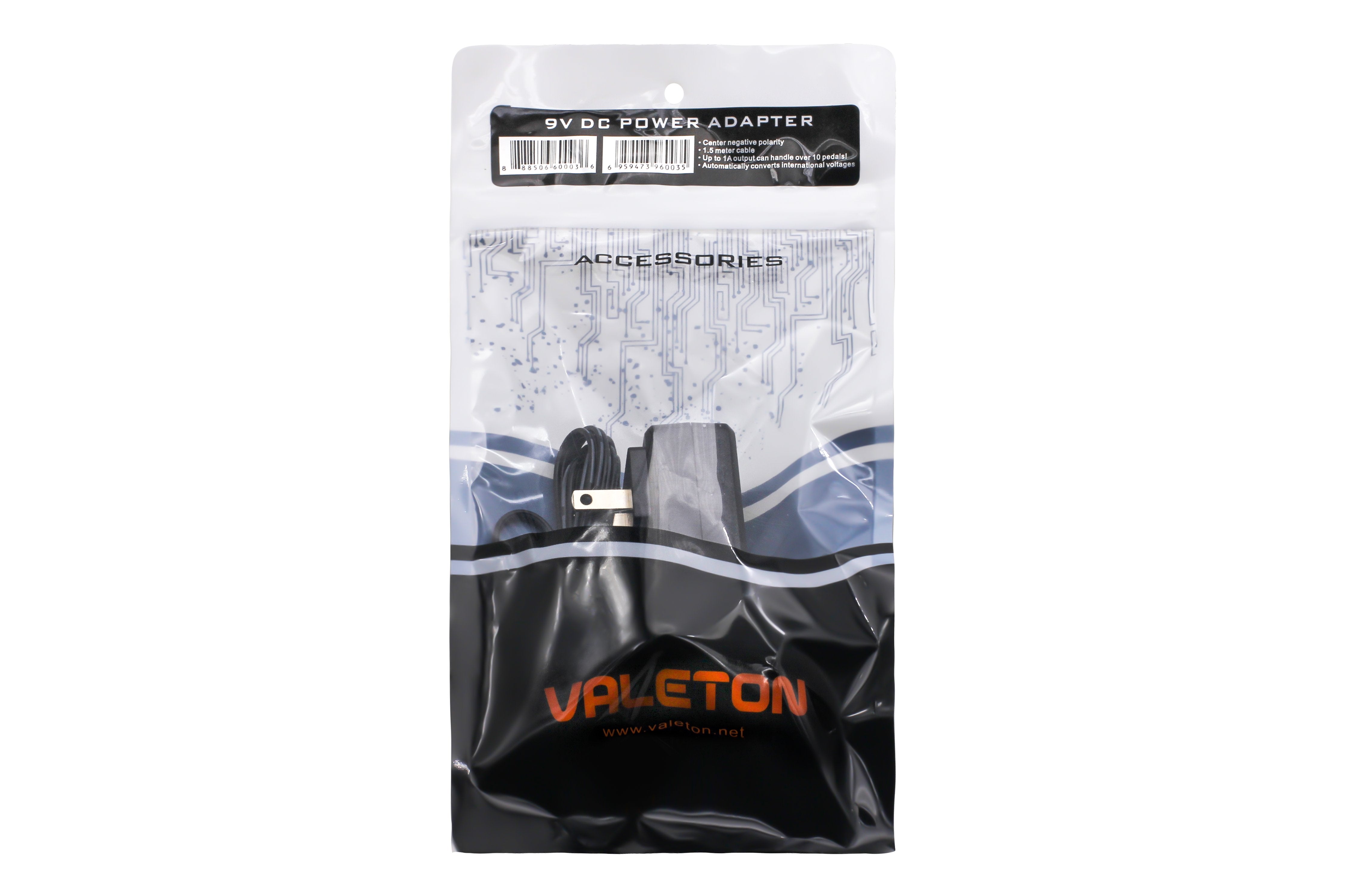 Valeton PSW-1 9V 1A power adapter in retail packaging with printed specifications