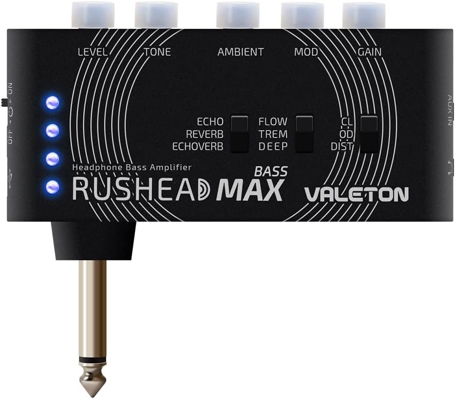 Valeton Rushead Max Bass pocket headphone amp, front view with control knobs