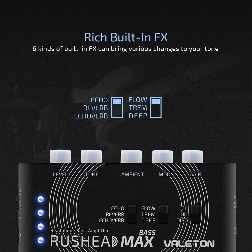 Infographic showing Valeton Rushead Max Bass with 6 built-in effect types