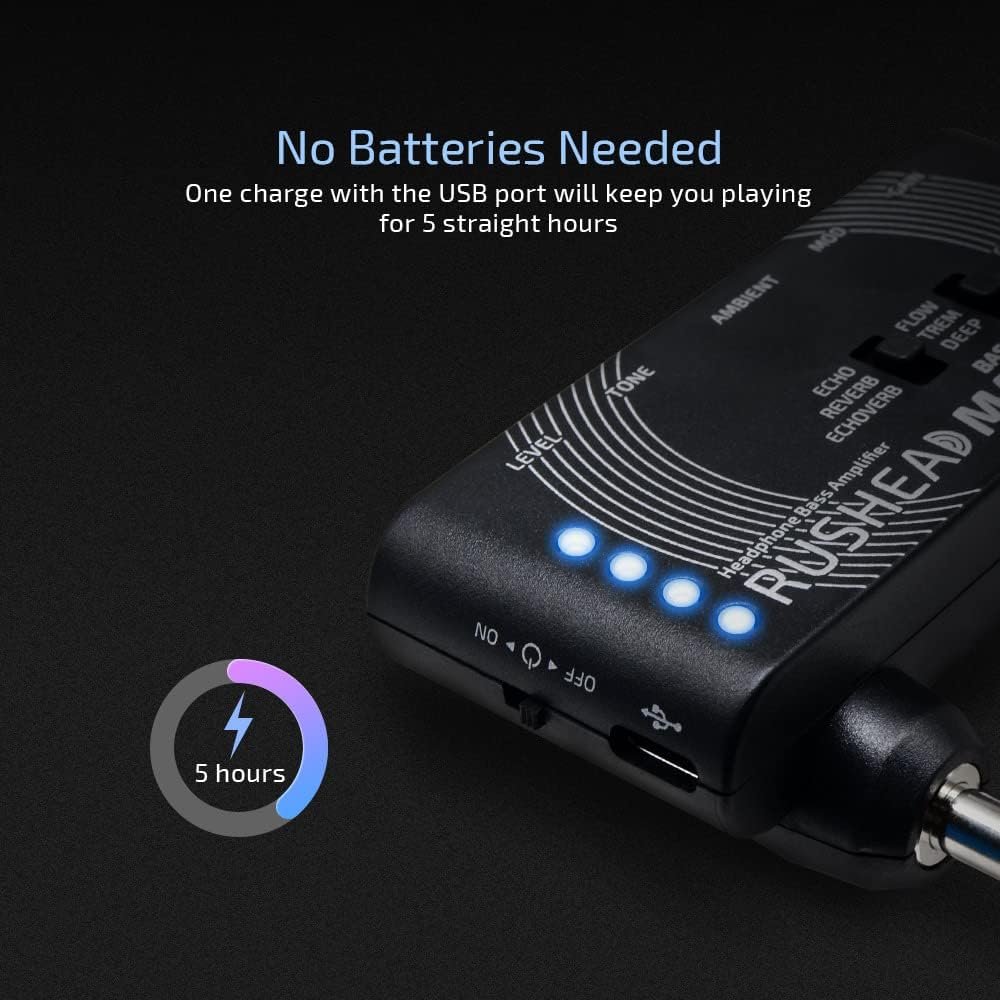 Infographic showing Valeton Rushead Max Bass with 5-hour rechargeable battery