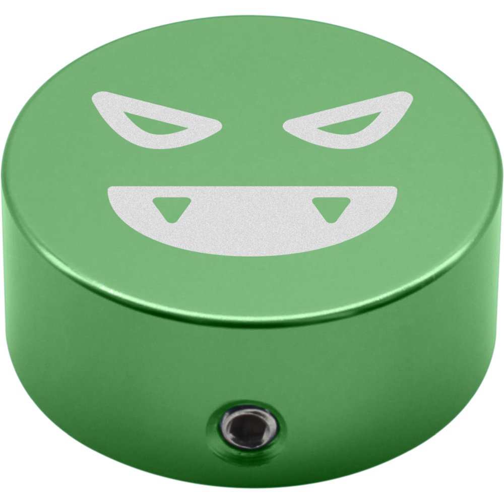 Green Valeton footswitch cap with devil-face emoji design