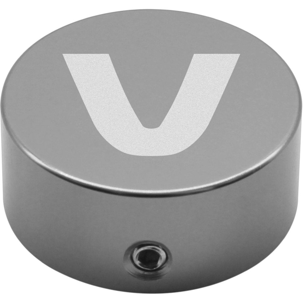 Silver Valeton footswitch cap engraved with the letter V